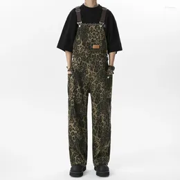 Mäns byxor män kvinnor leopard tryck denim suspender jumpsuit unisex streetwear mode löst casual wide ben bib jeans byxbyxor