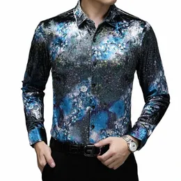 Ubrania męskie złoto Veet 2022 Spring FRS Printing Soft Velor Shirts Męski LG Rękaw Kwiatowy nadruk Veet Dr koszule Z9vw#