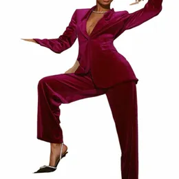 Houzhou Elegante Veet Suit 2 pezzi Set Donna Tuta Donna Verde Rosso Autunno Inverno Abiti da donna Velluto Abiti formali Donna V8zH #