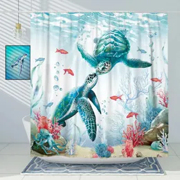 Tenda da doccia tartaruga marina blu divertente oceano animale stella marina corallo pesce tropicale vita marina subacquea tende arredamento bagno 240328