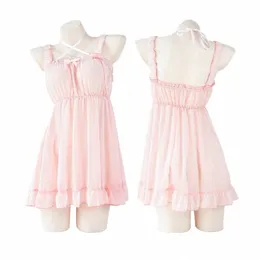 lolita Anime Girls Sweet Maid Cosplay Pink Chiff Bandage Pajamas Cute Off-Shoulder See Through Homewear Dres Lingerie Set e1FB#