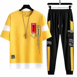 2023 Nya herrarna joggar set Mänkläder koreanska FI-outfit Set Print T-shirt Multi-Pocket Cargo Pants Two Piece Set Summer 42bp#