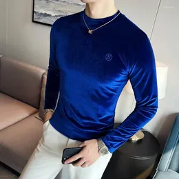 Men's T Shirts High Elasticity Velvet Solid Color Bottoming Shirt Letter Embroidery Tee Men Slim Fit Crew Neck T-shirts Soft Pullover