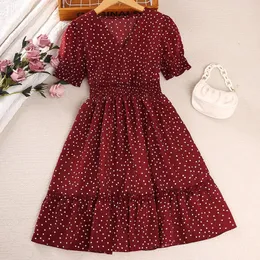 Kid Casual Dress for Girls Summer 2023 Barn Kort ärm Vneck Dot Print Red Princess Fashion Clothing 714Y 240325