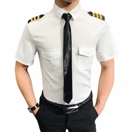 Captain Clothes Air Force Pilot Uniform Shirt Men Aviati White Black Slim Fit Social Work Cosplay Short Sleeve Dr Shirt Men B7UO#