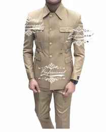 Khaki Men's Luxury Suit Blazerズボンのコートを着た大きなポケットウェアテーラードサファリジャケット2PCS調整可能なバックルコートパンツ97NX＃