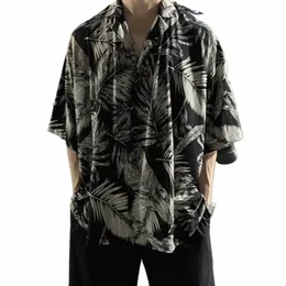 Miękkie stylowe letnie liście tropikalne wydrukowane hawajskie koszulę Absorbingowa koszulka plażowa lapowa streetwear I3YP#