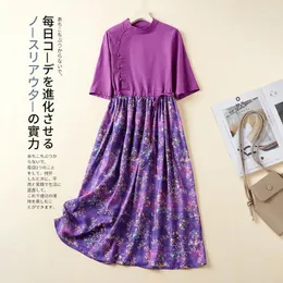 Casual Dresses Limiguyue Spring Summer Patchwork Cotton Linen Dress Women Elastic Waist A-Line Midi Literary Purple Print Vestidos E461