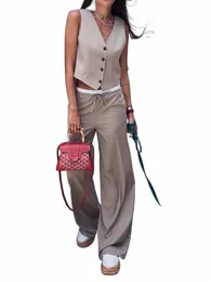 Kondala Vintage Khaki Office Lady Suit VネックシングルバットスリーブベストハイウエストLGストレートパンツfi 2023秋H8pa＃