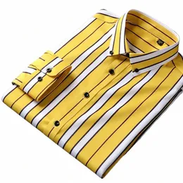N-ir masculino Slight Strech Soft Striped Dr Camisas Sem Bolso Lg Manga Padrão-ajuste Jovem Casual Camisa Butt-down h7wG #