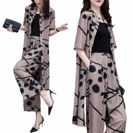 vintage Fi Female Single-breasted Cardigan Top Half Sleeve Printed Two Piece Set Casual Wide Leg Pants Sets Womens Clothing 15Fb#