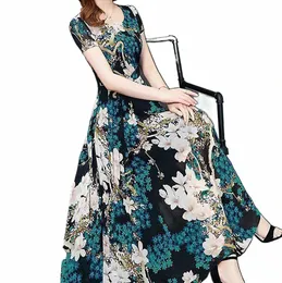 summer Short Sleeve Dr Women Fi Slim Fit Floral Round Neck Medium Length Elderly Dr A- shaped Printed Polyester y99Z#