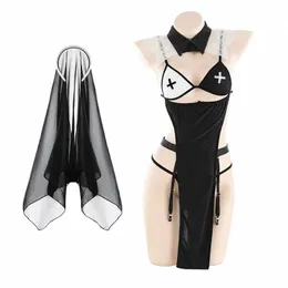 Sexy Lingerie Nun Uniform Passi Bruxa Trajes Adulto Mulheres Cosplay Dr com Véu Preto Anime Halen Party Maid Outfit e6K0 #