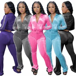 Neue Feste Farbe Kleidung Veet Stoff Frauen Breite Bein Hosen Zwei Stück Set Herbst Frauen Kleidung Velours Trainingsanzug Für Frauen f5CR #