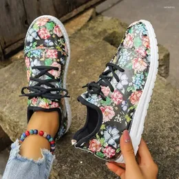 Casual Shoes High Quality Lace-Up Ladies Mesh Low Heel Sneakers Floral Blandade färger Vår/Autumn Stor storlek Kvinnor Vulcanize