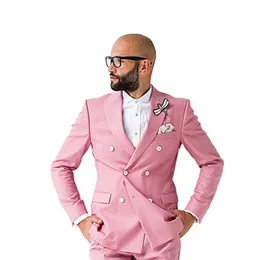 Summer Men's Suit Pink Double Breasted Peaked Lapel Wedding Groom Terno Fi Blazer Masculino Casual Two Piece Jacket Pants K7i1#