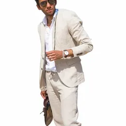 linen Beach Suits for Men Wedding Groom Tuxedo 2 Pieces Prom Party Summer Suit Jacket with Pants Male Fi 204 68Mu#