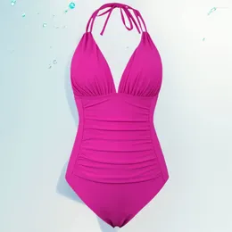 Kvinnors badkläder kvinnor skjuter upp v hals halter simma bodysuit fast färg rygglös sexig baddräkt havssemester strandkläder