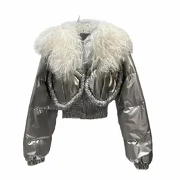 Nuovo Breve Parka di Inverno Delle Donne Impermeabile Lucido Collo di Pelliccia di Agnello Spazio Luminoso Cappotti Corti Caldo Cott-Imbottito Giacca Vestiti Y2RZ #