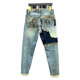 unruly Handsome Style Street Jeans Mens Autumn Winter New High Street Straight Floral Splicing Small Feet Zipper Butt Trousers 468q#