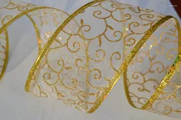 Decorazione per feste 63mm 2.5 "Crismtas Oro metallizzato Confezione regalo Nastro con bordo cablato 10 Yard/lotto Colore pizzo regalo di Natale