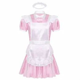 Mens Sissy Maid Cosplay Costume Puff Manga Cetim Francês Abril Servo Babydoll Dr Roleplay Gay Crossdr Uniforme Nightwear S22v #