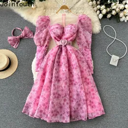 Casual Dresses O Neck Mesh Patchwork Flower Print Puff Sleeve Robe Femme Elegant Chic Bells Belt Slim Midje 2024 Vestidos de Mujer