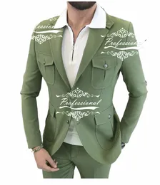 green Men's Luxury Social Male Suit Blazer Trousers Coat Wearing Big Pocket Wear Tailored Safari Jacket 2pcs Coat Pants Outfit M7p3#