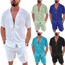 men's Summer Casual Loose Two Piece Sets Beach Solid Cott Linen Man Suit Short Sleeve Butt Shirt And Shorts Office Outfits B77t#