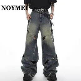 Noymei Male Y2K Jeans High Street Patchwork Loose Men Hollow Out Trendy Vintage Metal Button Straight Denim Pant Wide Leg WA1321 240326