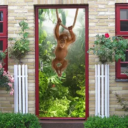 Stickers Creative Jungle Animal Monkey Door Stickers Self Adhesive 3D Removable Door Wallpaper Murals Door Refurbishment deur decorative