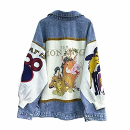 Outono inverno denim costura manga de malha pesada indústria rhineste denim jaqueta feminina retro na moda all-matching jeans casaco z93a #