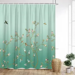 シャワーカーテン水彩フラワーカーテンビンテージカラフルな手のひらの葉木枝の鳥のインク絵画審美的なバスルームの装飾