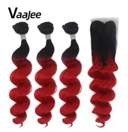 Bundles mit Verschluss, lose gewellte Haarbündel mit Spitzenverschluss für Haarverlängerungen, 45,7–76,2 cm, Ombre-Rot, Bündel mit Frontal, 2106159019138