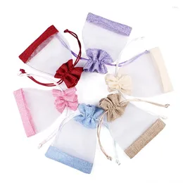 Presentförpackning 50st Linen Bag Organza Sachet Stitching Drawstring Smycken Förpackning Pouch Wedding Party Pouches kan skriva ut logotyp