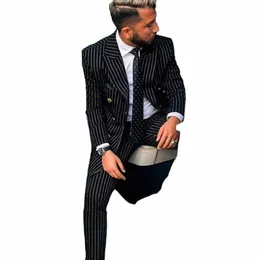 2024 أسود Pinstripe مزدوج الصدر بوسن الرسميين الرجال الدعاوى النحيفة Fit Blazer السترة السترة الزفاف بدلة الزفاف مع السراويل L7XZ#