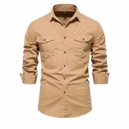 Aiopeson 2023 novo outono estilo militar 100% algodão camisa de bolso para homens cor sólida magro casual camisas masculinas manga lg r5qW #