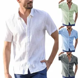 Hot Sale Men's kortärmade skjortor Cott Linne Summer Solid Color Turn-Down Collar Snabbtorkning Casual Beach Style Plus Size L7MP#