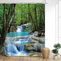 Cortinas de chuveiro floresta cortina floresta tropical natureza cenário cachoeiras rios sol árvores folhas verdes impresso casa decoração do banheiro