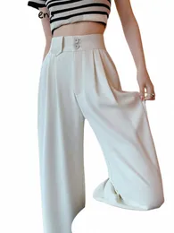 Yitimuceng White Suits Pants 여성 2023 New Wide Leg High High High High High High Straight Pants Whit Belt Elegant Casual Pants V9O6#