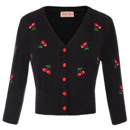 Belle Poque Mulheres Jaquetas Cardigans Tops Outono Primavera Cerejas Bordados Jumpers 3/4 Manga Com Decote Em V Cropped Malha Casacos Malhas x7E1 #