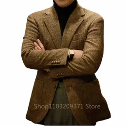 Terno masculino 2024 jaqueta herringbe tweed lã jaqueta inverno quente jaqueta curta retro fino ajuste masculino blazer casaco apenas casaco 62cx #
