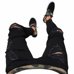 Fi Mens Cool Designer Black Ripped Skinny Jeans Destroyed Slim Fit Denim Pant Zipper Hop Hop Pants 구멍 57tx#