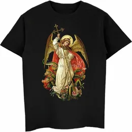 Saint Michael Destroy The Devil Catholic Christian T Shirt Men's Cott T-shirt de manga curta Hip Hop Tee Top Harajuku Streetwear r7Lu #