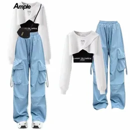 Kvinnors spårdräkt 2023 Autumn New Fi Short Sweater+Strap+Cargo Pants Three Piece Korean Elegant Matching Set E4xg#