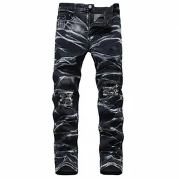 europe America Ripped Jeans Men's Slim Fit Light Blue Stretch Fi Streetwear Tie dye Hip Hop Casual Denim Pants Male Trouser D9F6#