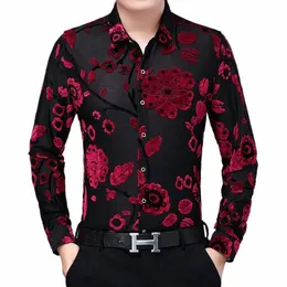 Nova Chegada Homens Silk Veet Dres Masculino Roupas Florais Sexy Hollow Frs Camisas Transparentes Manga LG Ver Através I64E #