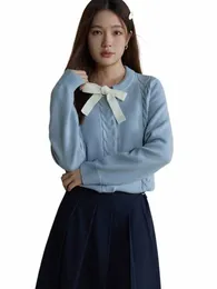 Dushu Słodki okrągły szyja Zakrtynite dardigan zima nowe wełniane mieszane akademicki w stylu akademicki niebieski swetra dla kobiet zwyczajny A34K#