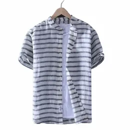 Schinte 100% Pure Linen Listrado Camisa de Verão Homens Respirável Gola de Manga Curta Casual Confortável Camisa Nova D7Vg #
