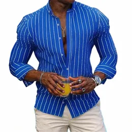Camicia casual da uomo T-shirt estiva con risvolto Blu Trifoglio Manica Lg Risvolto a righe Abbigliamento da resort quotidiano Elegante e confortevole 6XL r4dx #